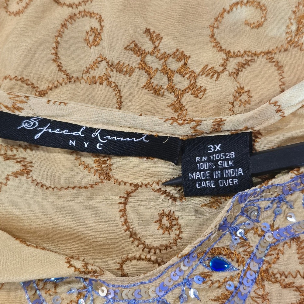 Speed Limit NYC Womens 3X Silk Tunic Top Yellow Purple Embroidered Sequin Boho - Picture 3 of 12